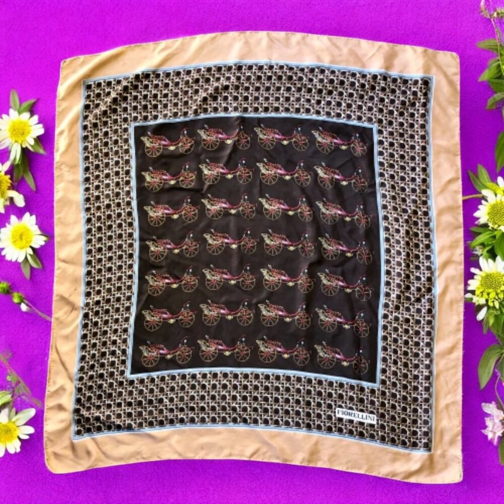 FIORELLINI Silk Scarf Vintage Horse Drawn Carriage Brown Logo 31" Square
